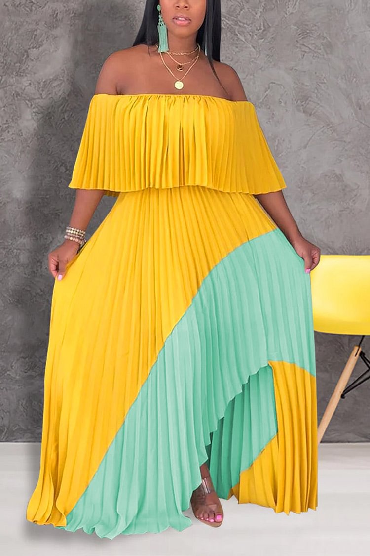 Xpluswear Plus Size Elegant Colorblock Stripe Off The Shoulder Pleated Maxi Dress