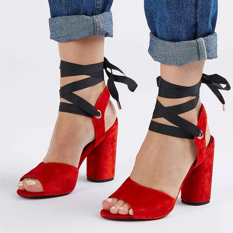 Red Block Heels Velvet Peep Toe Ankle Wrap Strappy Sandals |FSJ Shoes