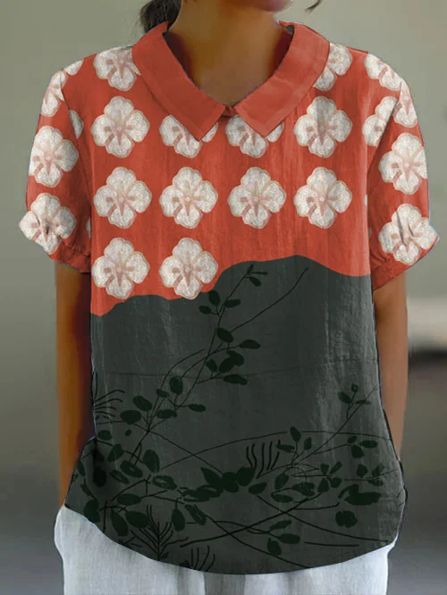 Women's Japanese Art Floral Print Short Sleeve Top