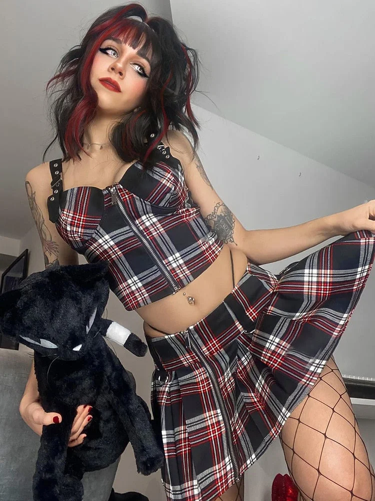 Helloween Big Sale Billlnai Gothic Plaid Y2K Black Skirt Top Set Women Zipper Sexy Crop Tops High Waist Mini Skirts Streetwear Summer Punk 2Pcs Sets