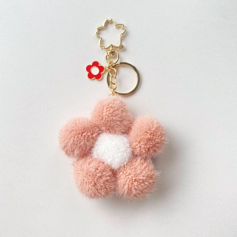 Colorful Small Flower Fur Ball Keychain Bag Ornaments Small Decorative Metal Alloy Flower Plush Key Pendant