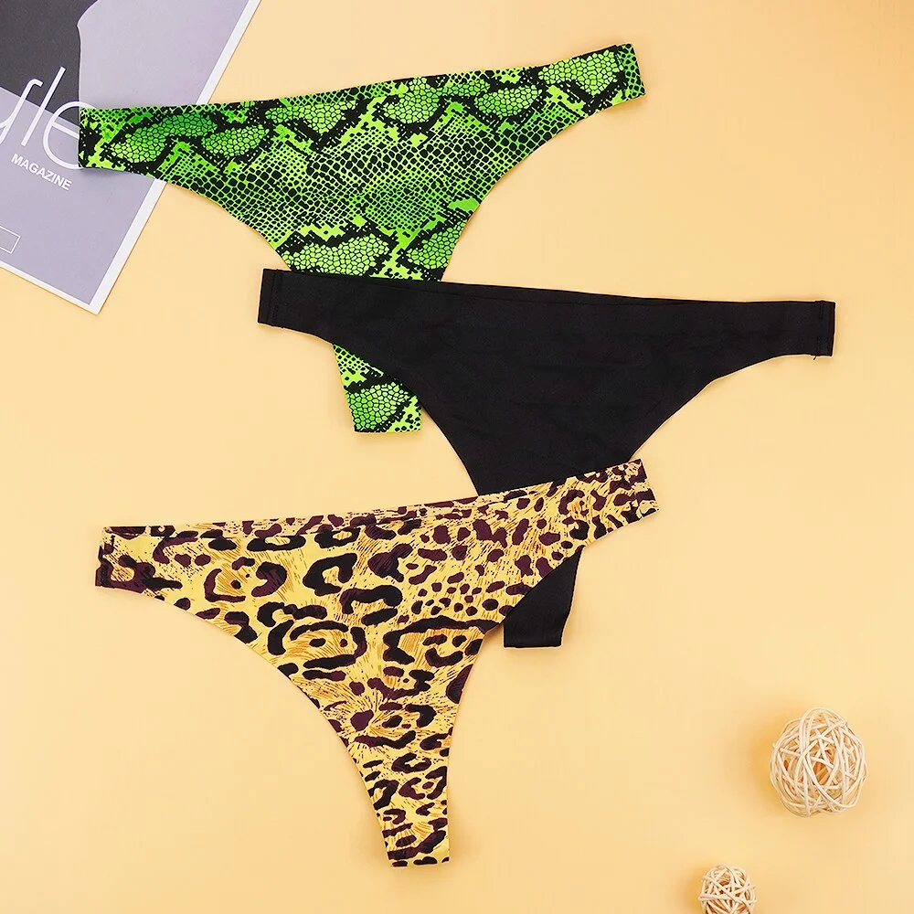 Billionm Woman 3Pcs/lots Sexy G-String Silk Seamless Women's Panties Leopard Python Printed Low Cut Intimate Underpants S-XL