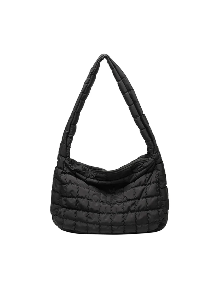 Women Lattice Handbag Large Capacity Eiderdown Solid Shoulder Bag (Black)