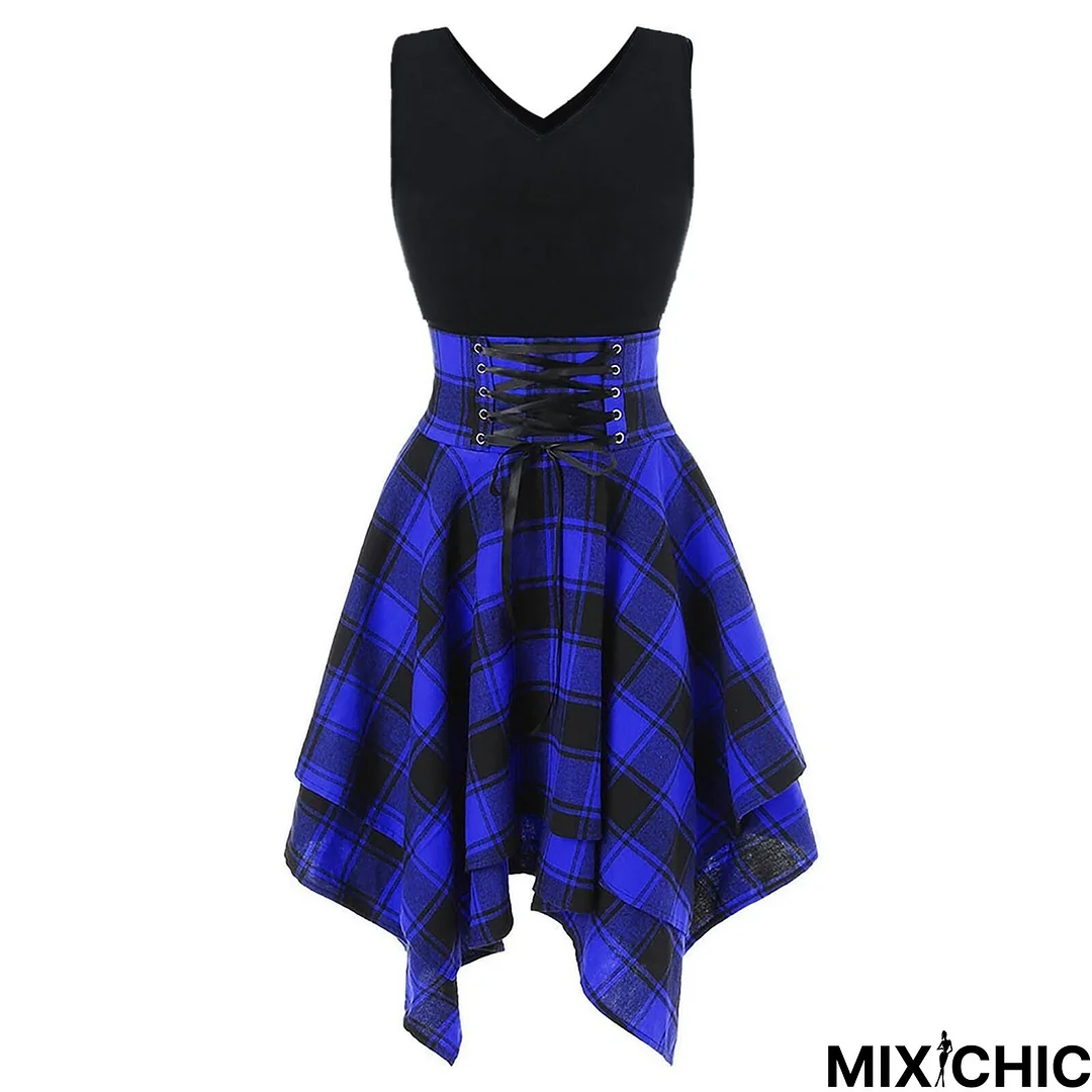 Gothic Casual Dress Plus Size 3XL Tartan Plaid Panel Crisscross Cami A Line Dress Sleeveless High Waist Mini Party Dress