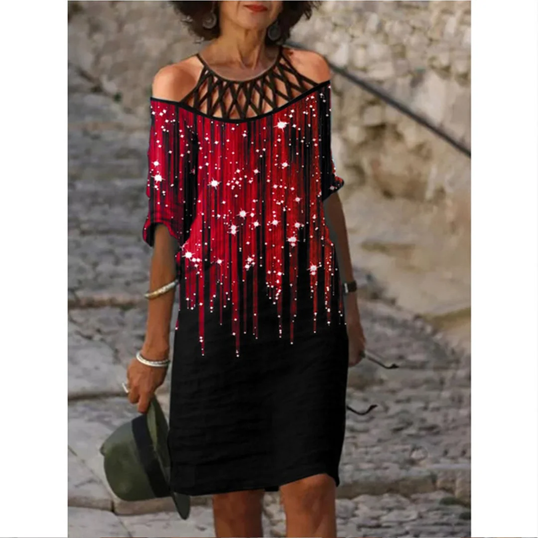 Fashion Patchwork Off Shoulder A-Line Dress Lace V-Neck Dress Women