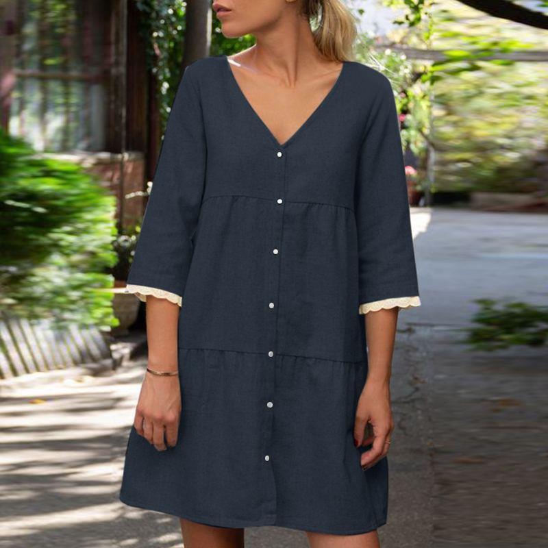 Mature Women Solid Color Casual Summer Stand Collar Plus Size Tunic Dress