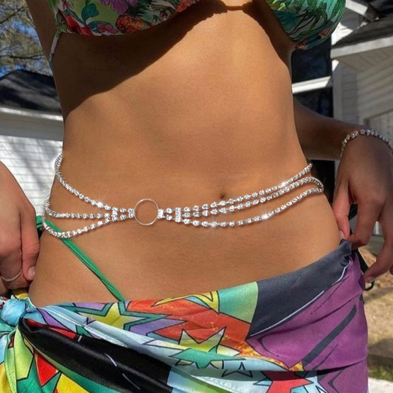 Three Layer Rhinestone Beach Bikini Sexy Waist Chain for Women-VESSFUL