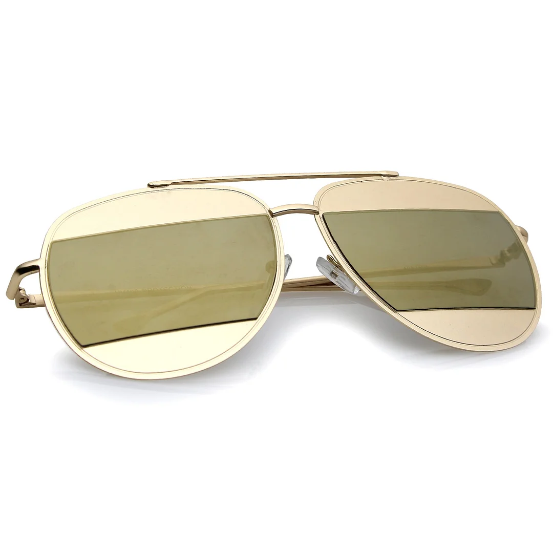Two-Toned Metal Thin Temple Brow Bar Colored Mirror Split Lens Aviator glasses 57mm