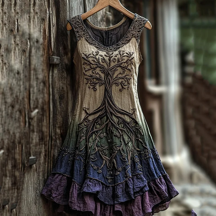 Women's Vintage  Viking Tree Of Life Color Gradient Linen Dress