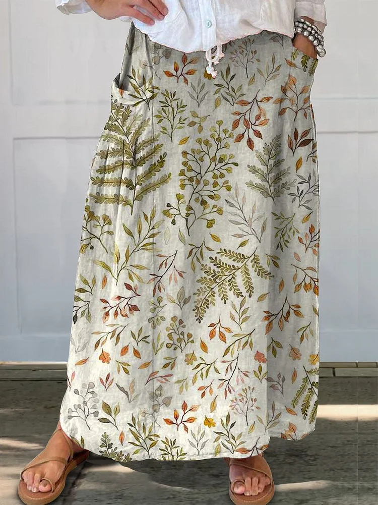 Women's Retro Elegant Floral Art Pattern Print Linen Pocket Skirt