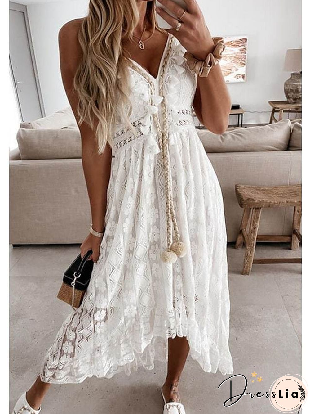 Women's Swing Dress Maxi Long Dress White Beige Sleeveless Solid Color Embroidered Lace Spring Summer V Neck Casual Boho Beach Lace S M L XL XXL