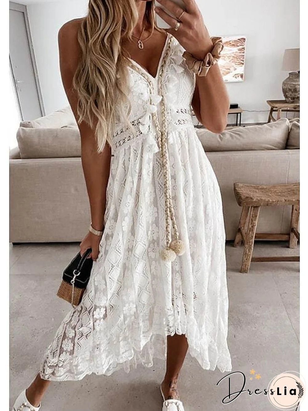 Women's Swing Dress Maxi Long Dress White Beige Sleeveless Solid Color Embroidered Lace Spring Summer V Neck Casual Boho Beach Lace S M L XL XXL