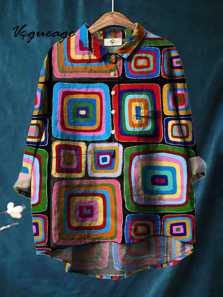 Colorful Fashion Casual Square Color Block Print Cotton And Linen Shirt
