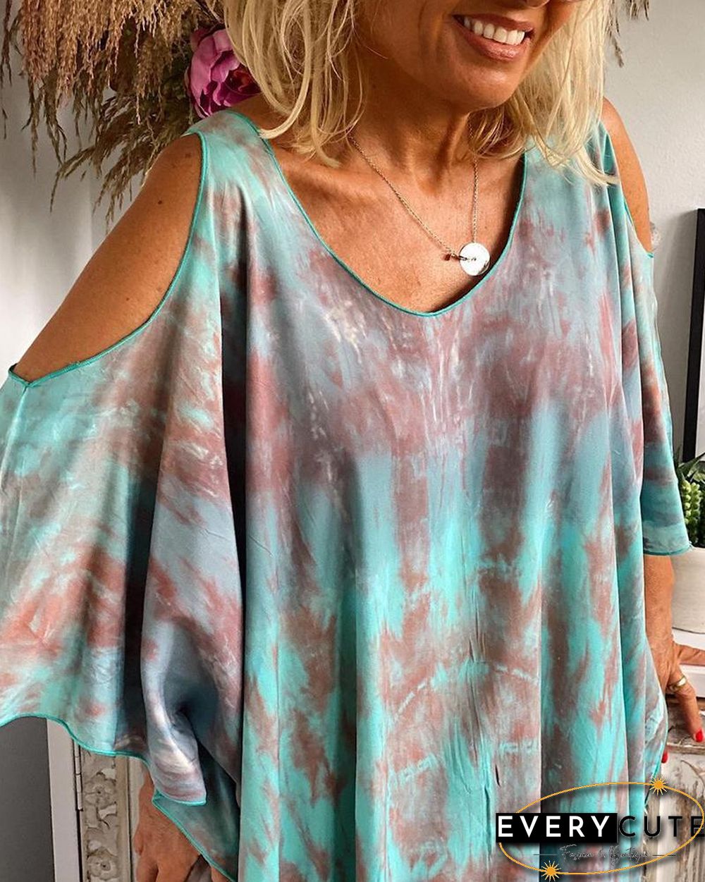 Tie-Dye Multi-Colored Print Cold-Shoulder Loose Maxi Dress P15979