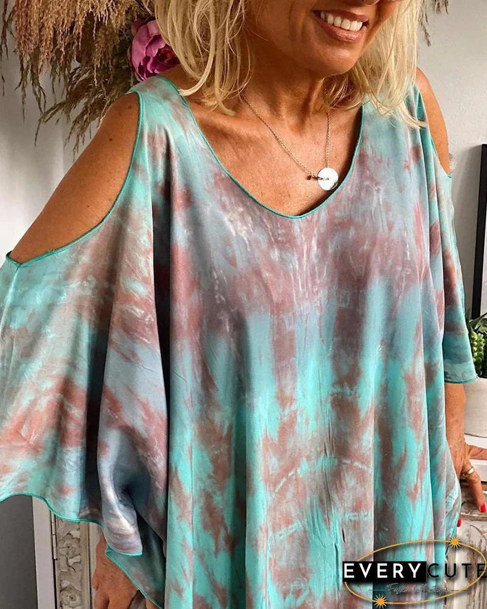 Tie-Dye Multi-Colored Print Cold-Shoulder Loose Maxi Dress P15979