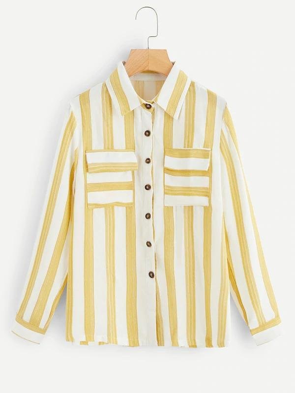 Button Through Striped Pocket Shirt | IFYHOME