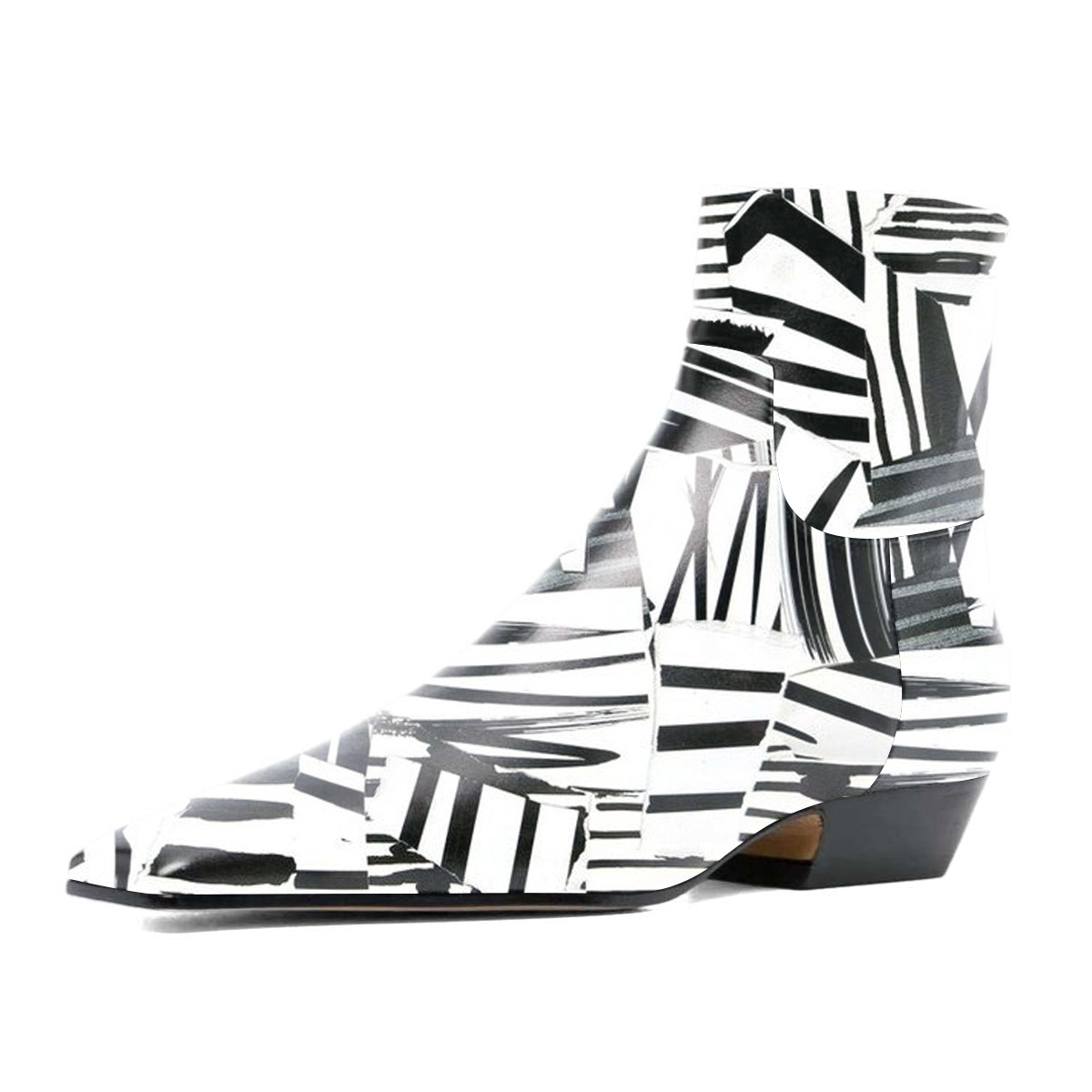 White & Black Square Toe Zipper Ankle Boots with Chunky Heel Nicepairs