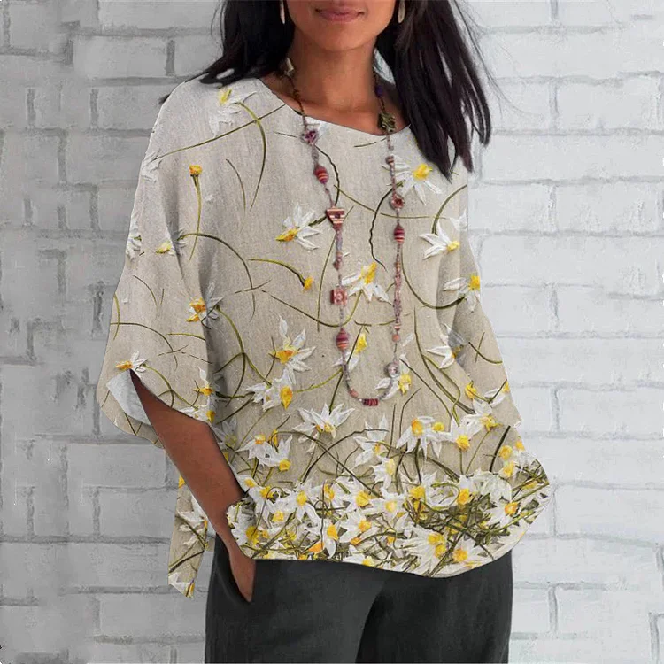 Wearshes Casual Floral Print Round Neck Cotton Linen T-Shirt