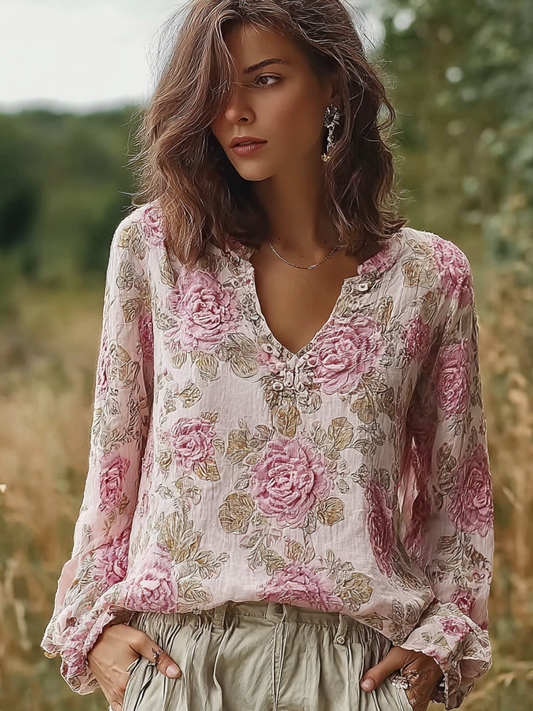 Bohemian Retro Countryside Style Plant Flower Design Cotton And Linen Women's Long-sleeve Shirt Bohemian Retro Countryside Style Plant Flower Design Cotton And Linen Women's Long-sleeve Shirt - Image 1