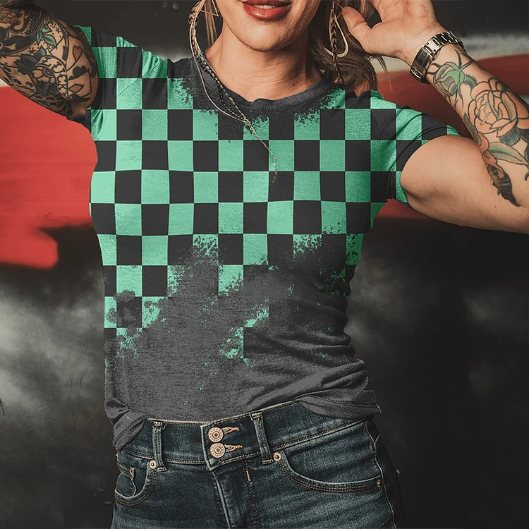 Spring And Summer New Checkerboard Women'S Fashion T-Shirt