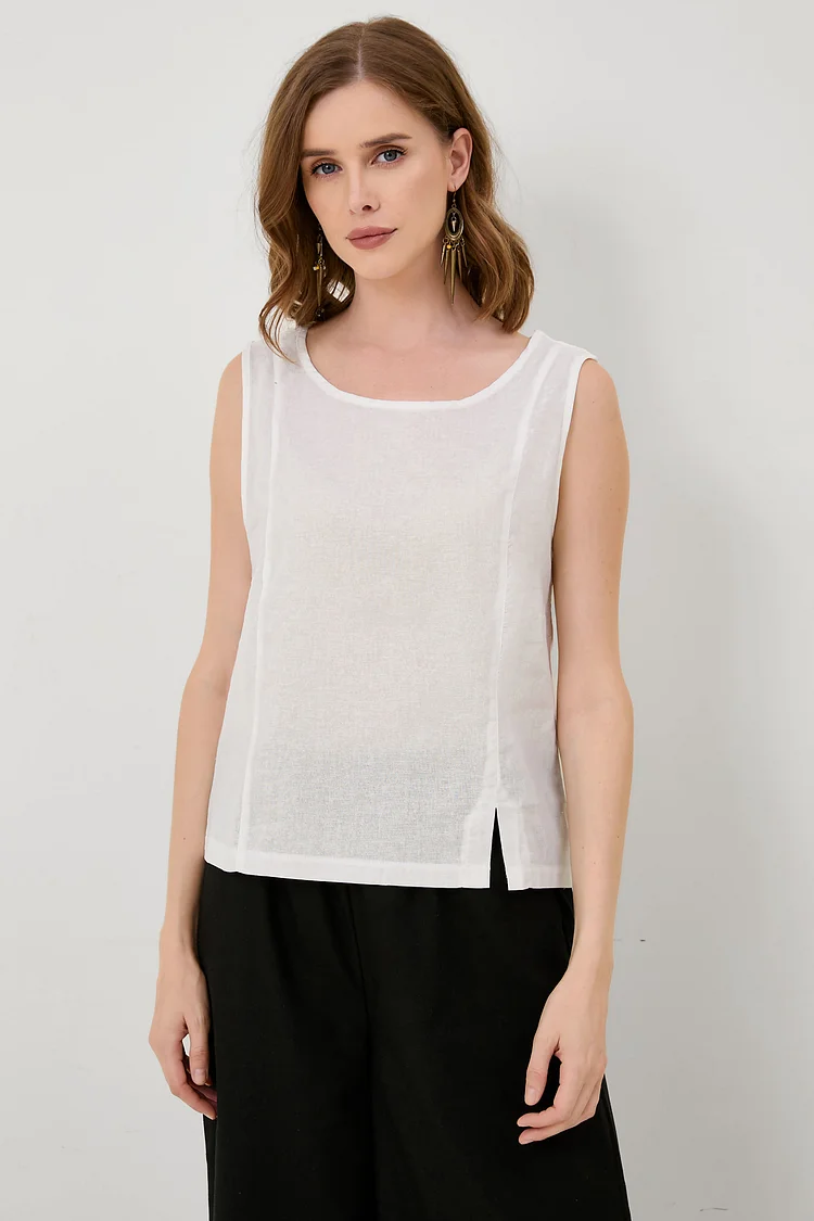 Cotton Linen Sleeveless Crew Neck Tank Top[ Pre Order ]