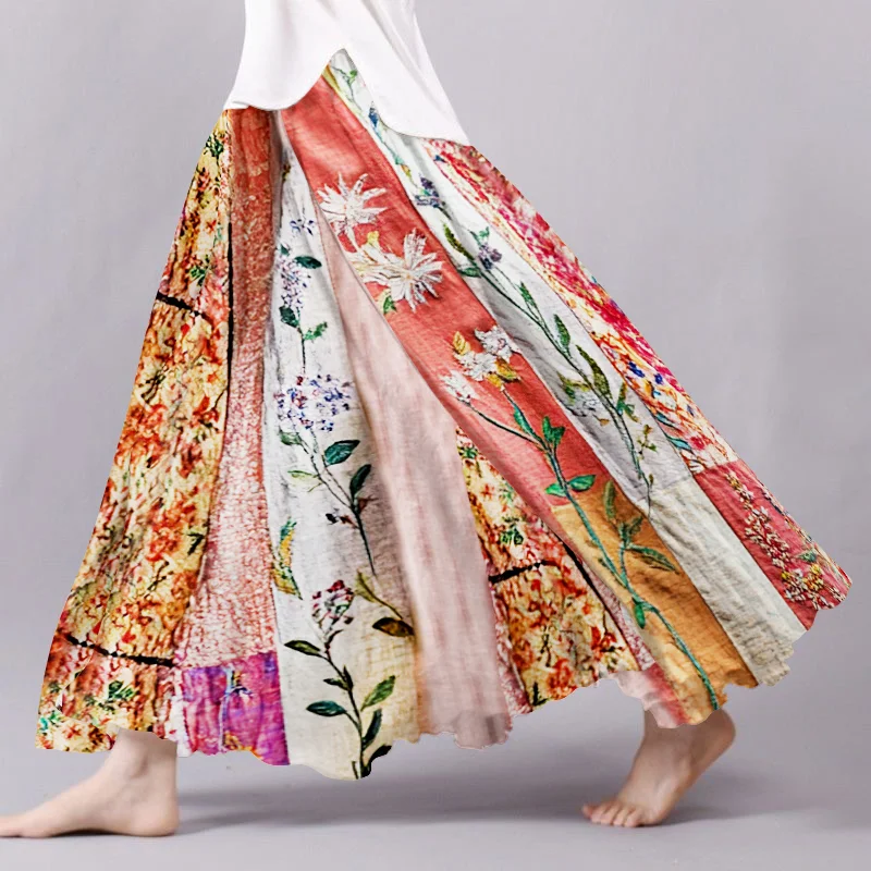 Women's Boho Flowers Art Linen Blend Comfy Skirt