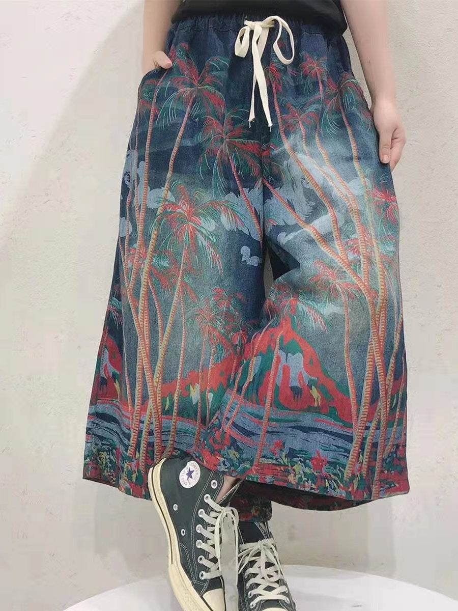 Women's Retro Ethnic Style Nine-point Wide-leg Jeans