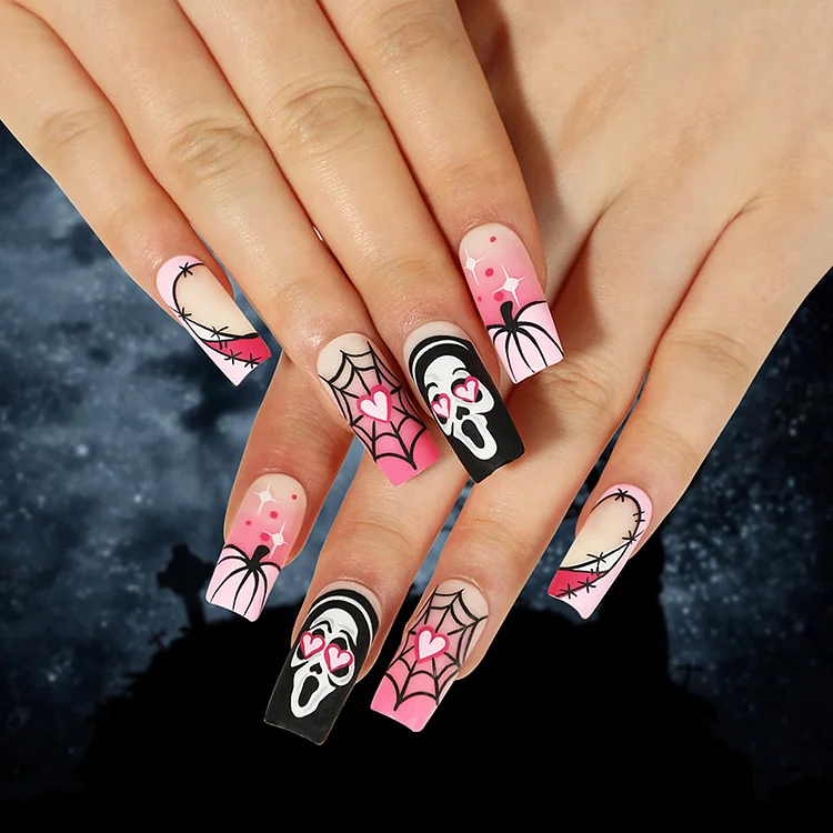 Halloween Pink Gradient Heart Pumpkin Skeleton Spider Net False Nails