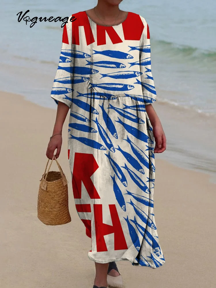 Small Fish Swimming Freely Printed Women's Casual Cotton And Linen Dress