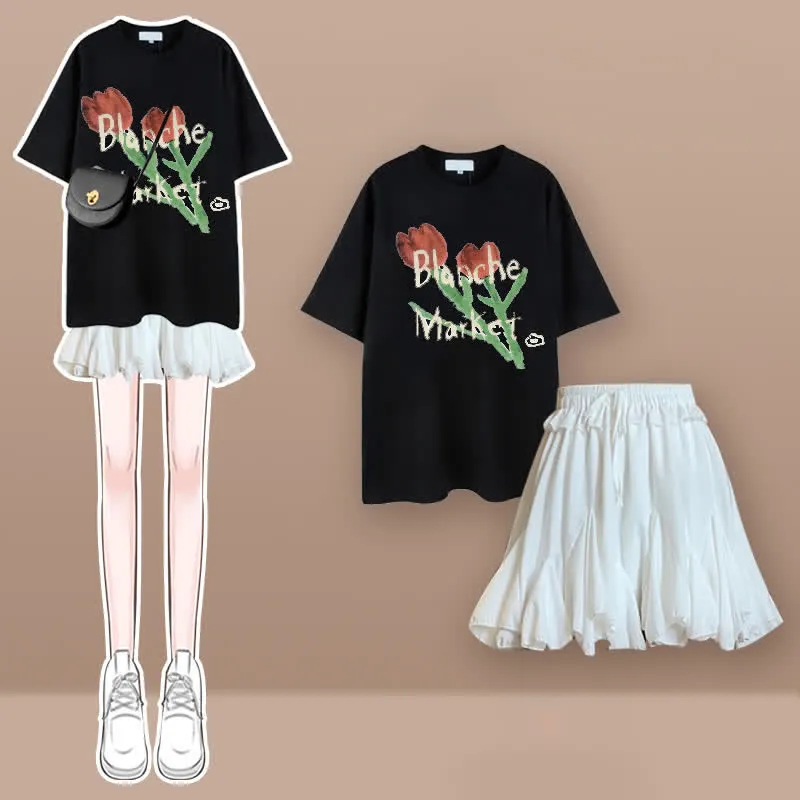 Tulip Cherry Blossom Print T-Shirt Pleated Skirt Two Pieces Set