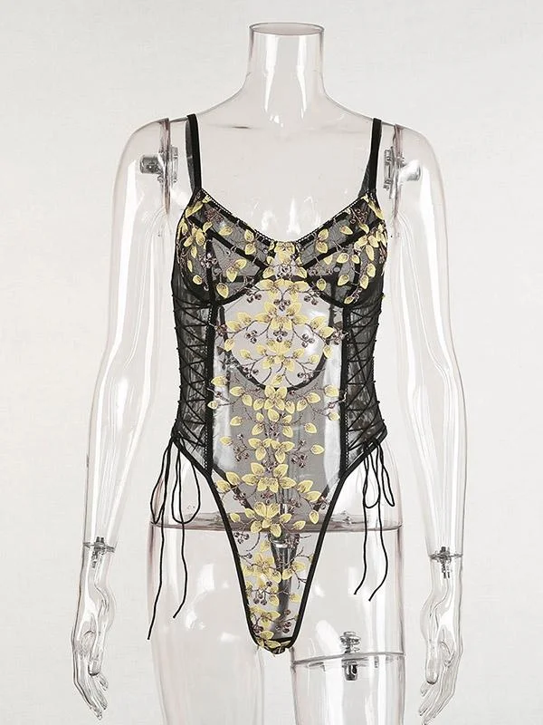 Embroidered See-Through Bandage Bodysuit Lingerie