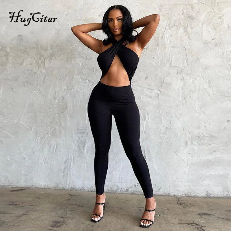Hugcitar 2021 Sleeveless Solid Halter Bandage Hollow Out Sexy Jumpsuit Summer Women Fashion Streetwear Outfits Club Romper