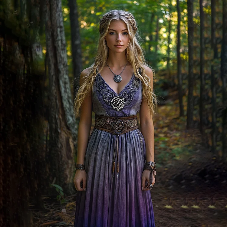 Nordic Myth Purple Celtic Knot Women's Linen V-neck Vest Maxi Dress