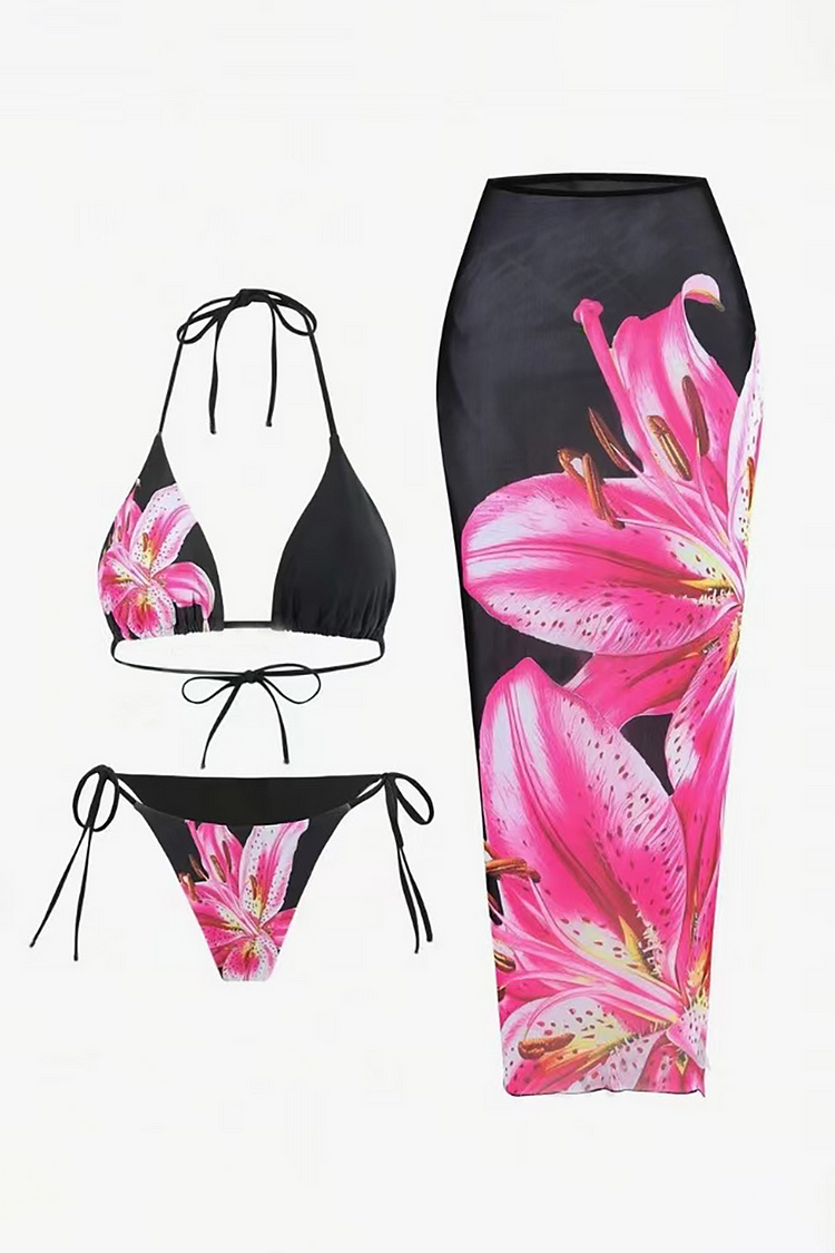 Floral Print Slim Fit Maxi Skirt Halter Bikini Swimsuit 3pcs Set-Black