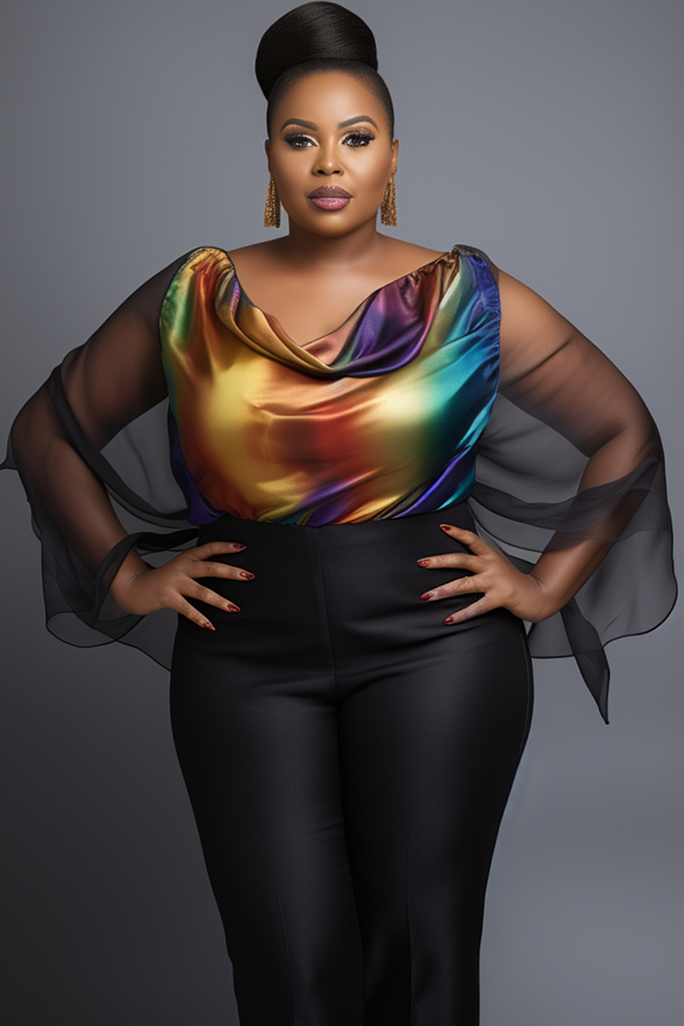 Xpluswear Design Plus Size Business Casual Multicolor Gradient Cowl Neck Batwing Sleeve Long Sleeve See Through Ruffled Fold Chiffon Blouses [Pre-Order]