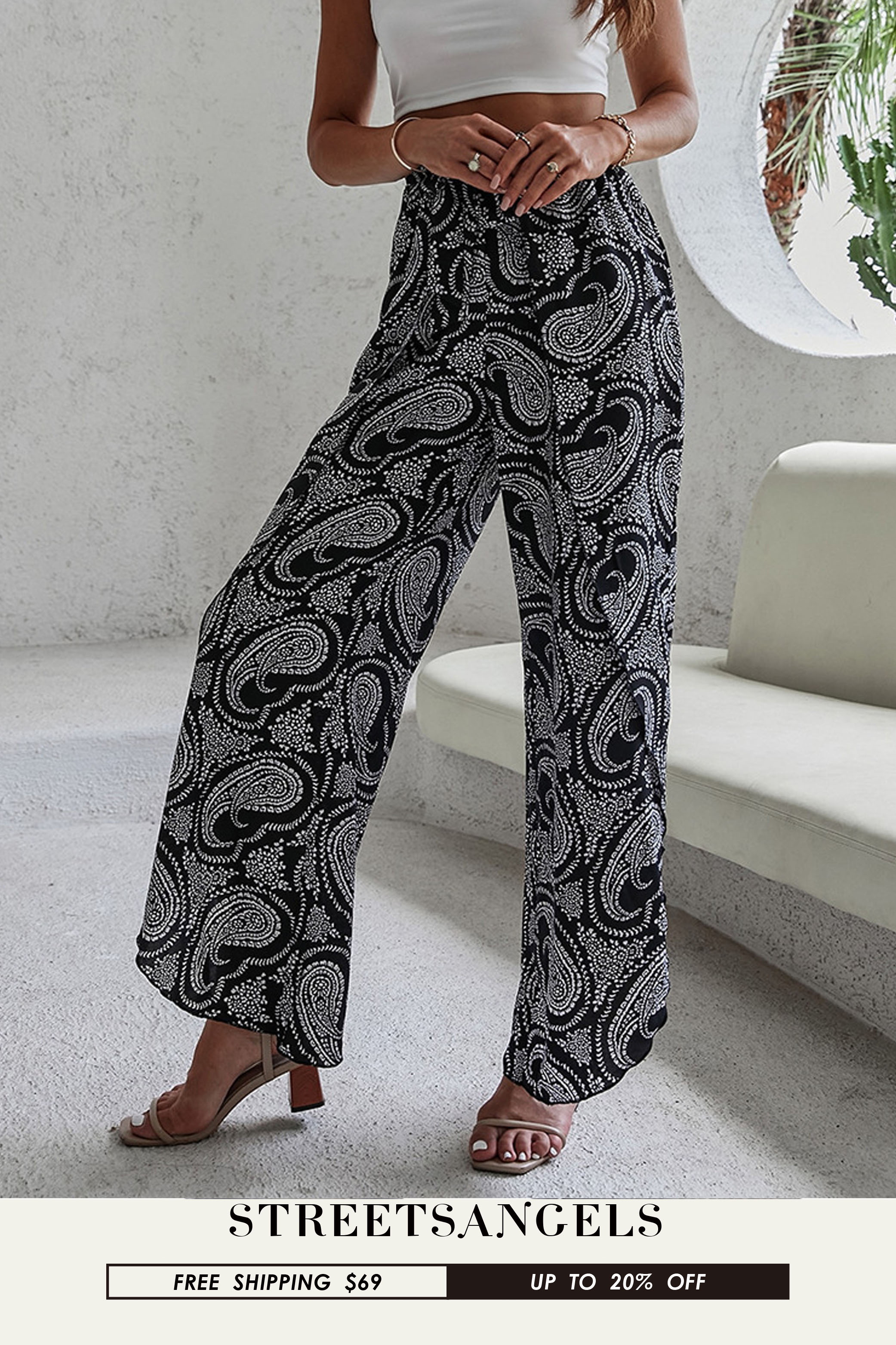 Women Leisure Printing High Waist Beach Wide Leg Pants