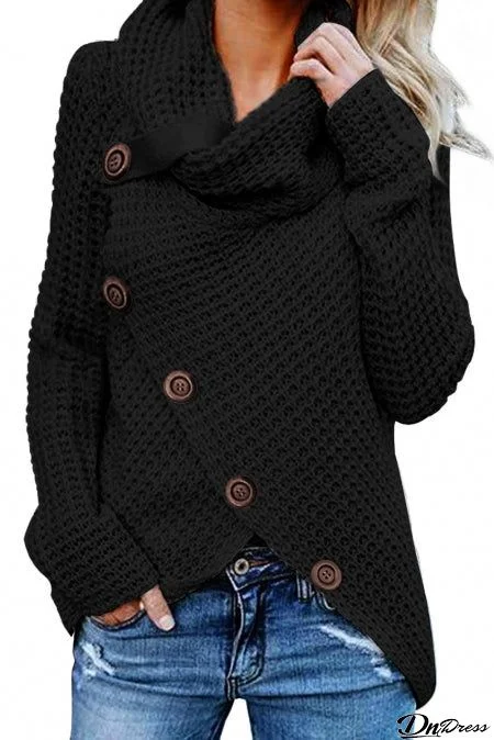 Black Buttoned Wrap Turtleneck Sweater
