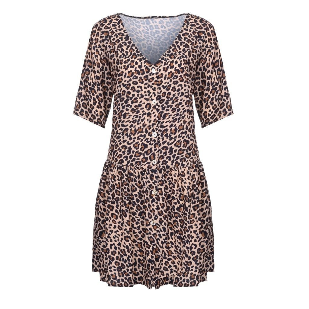 Sexy Womens Loose Dress Fashion Ladies Open Leopard Splice Print Button Casual Party Dress Short Sleeve Beach Dresses Vestidos