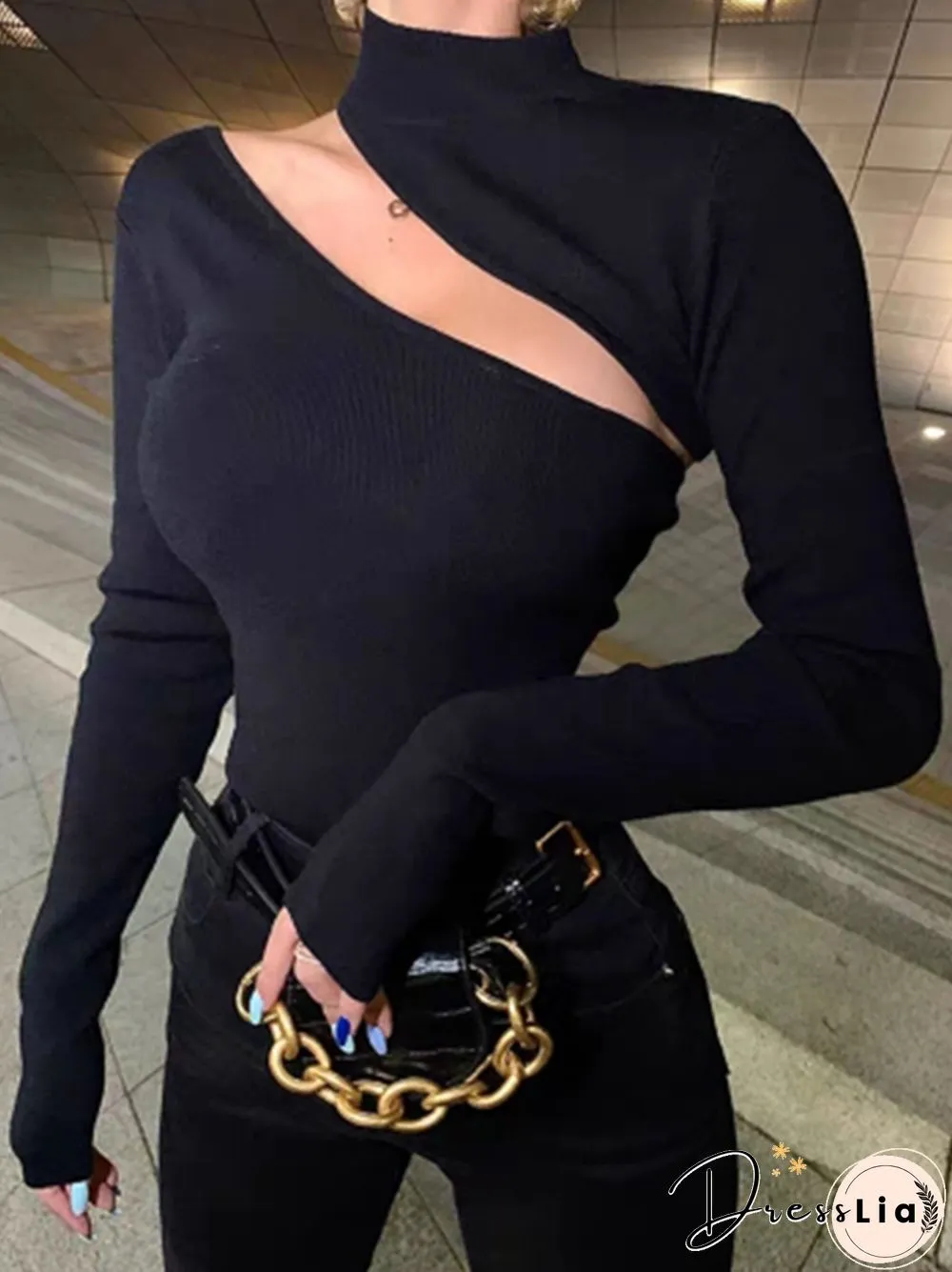 Sexy Street Style Turtleneck Hollow Knit Blouse