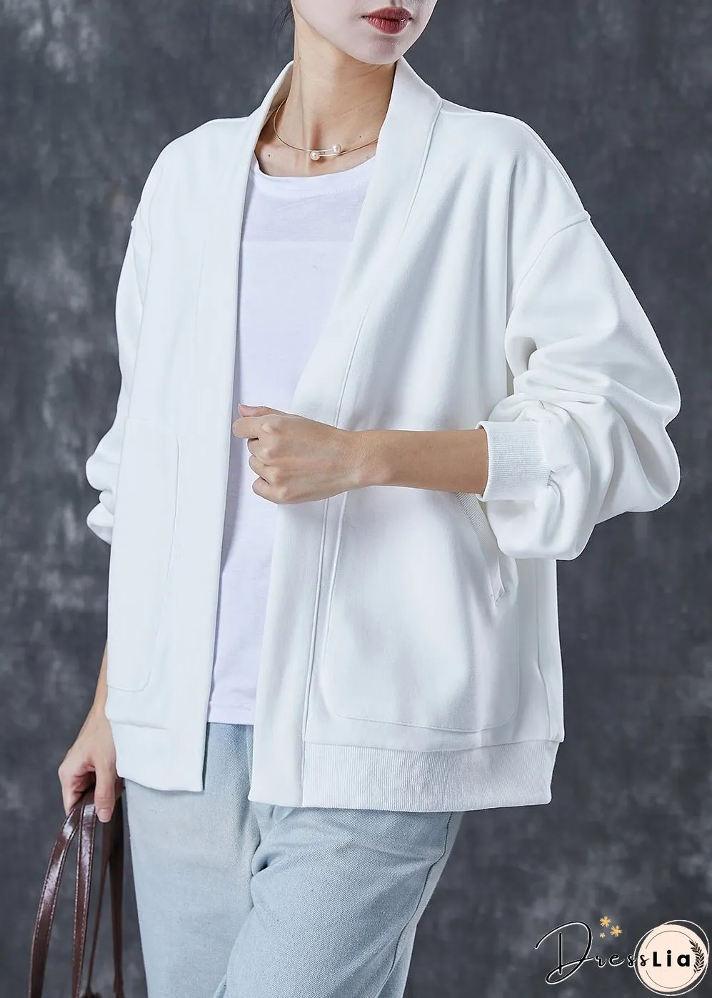 Simple White Oversized Pockets Cotton Cardigan Spring