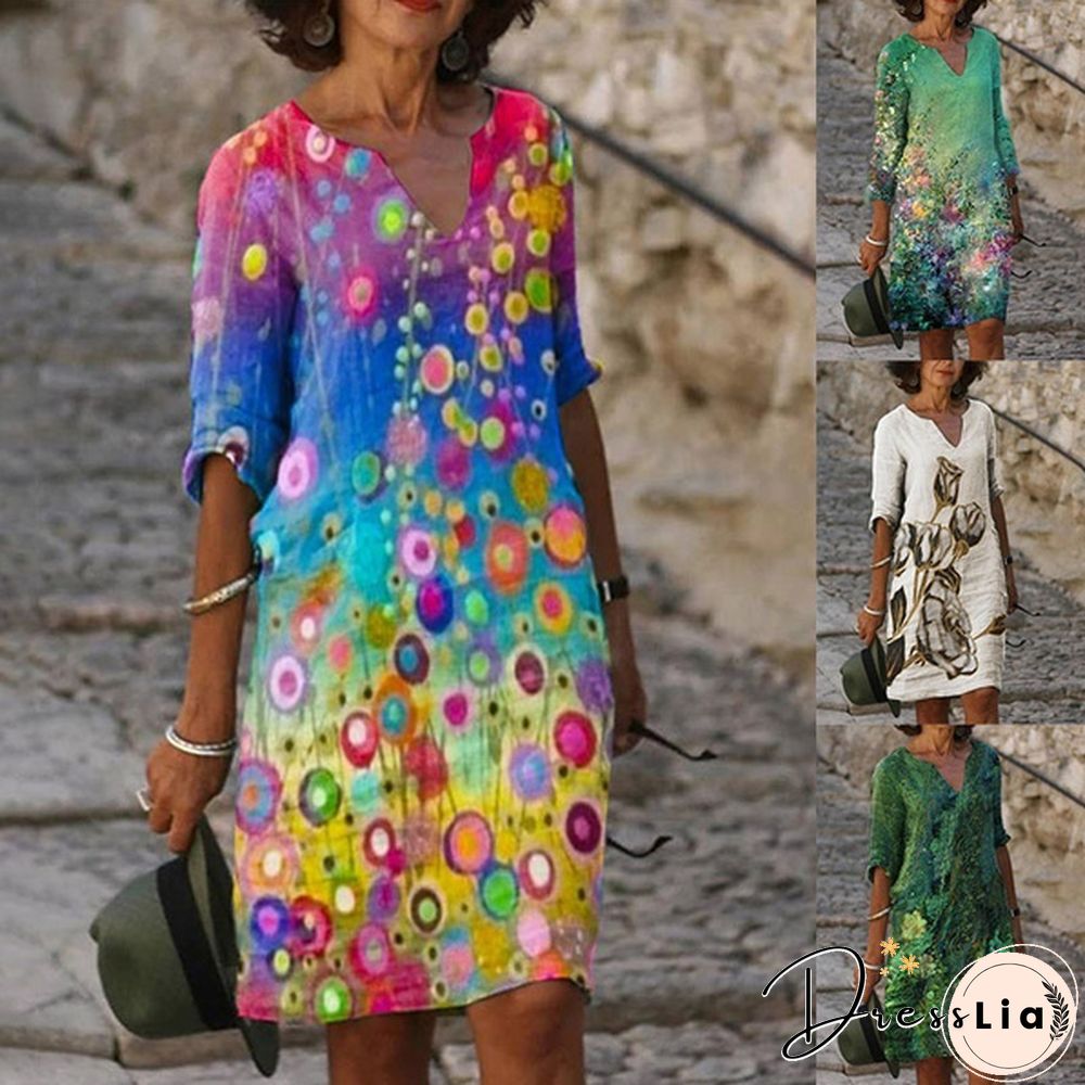 Women Printing Dress Summer V-Neck Half Sleeve A-Line Dresses Female Retro Litera Vintage Loose Dress