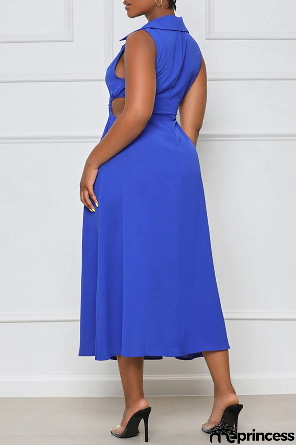 Blue Sexy Solid Hollowed Out Patchwork V Neck A Line Dresses