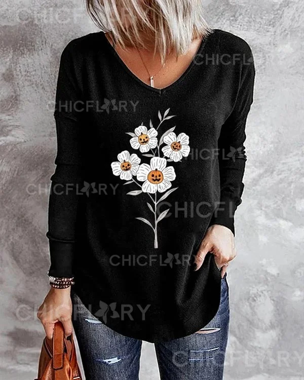 Halloween Floral V-Neck Print Party Long Sleeve Top