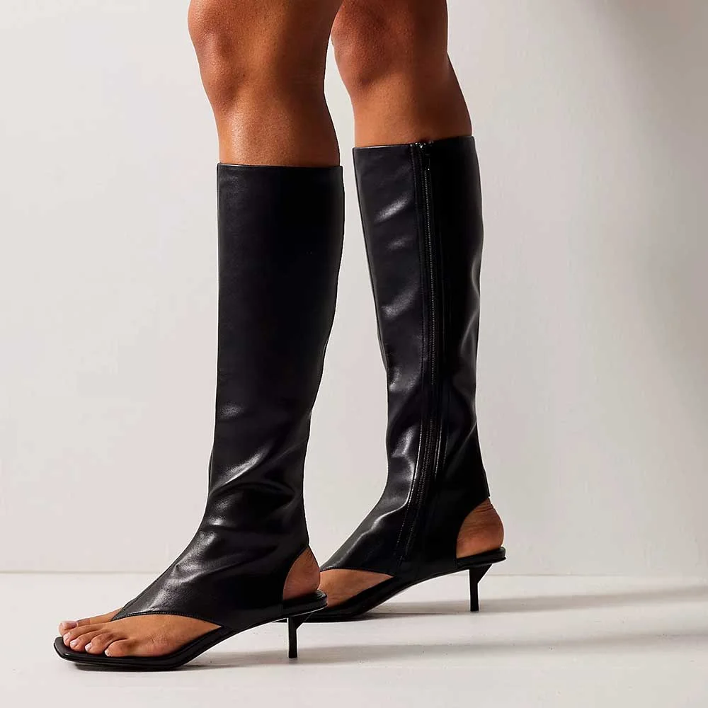 Black Square Toe Thong Sandal Knee High Boots with Kitten Heel Nicepairs