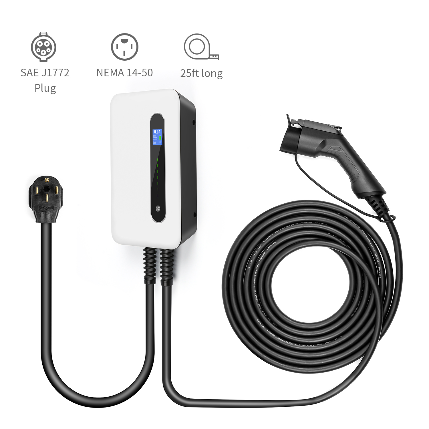 EV Charging Station Level with LCD Display Electric Vehicle Charger 32A  Faster Charging Nema 14-50 Plug Intelligent Type EVSE, 25Ft/7.68KW