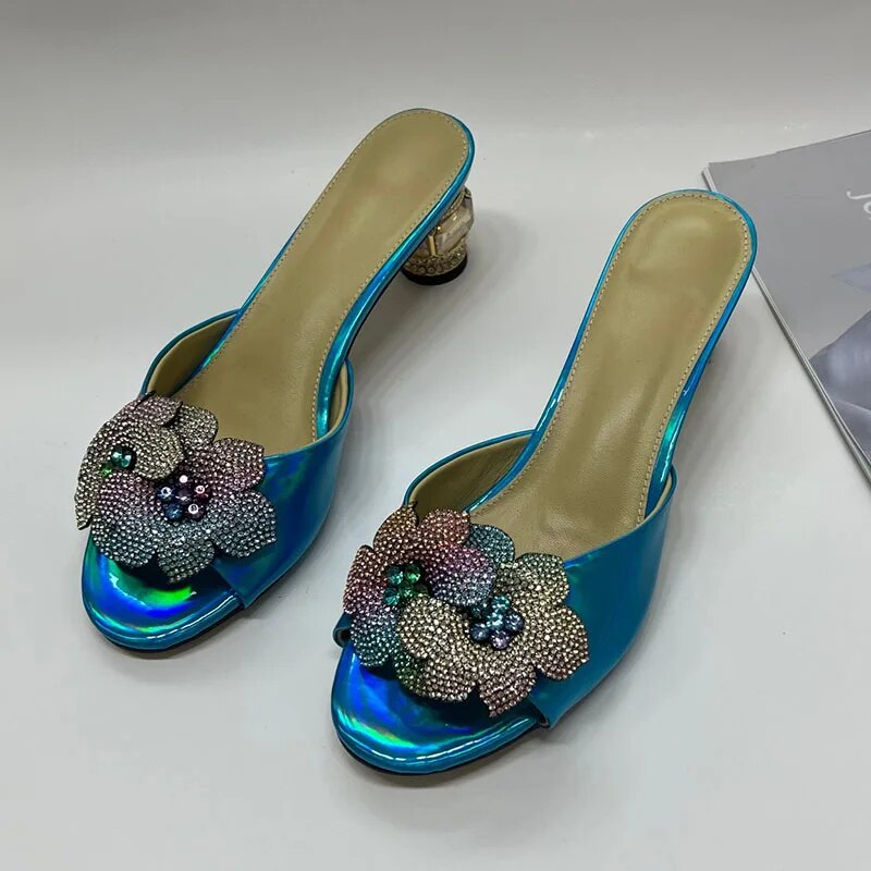 Rose Rhinestone Sandals Woman Open Diamond Flower High Heels Mules Slippers Lady Party Shoes