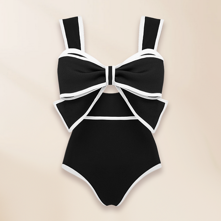 Plus Size Bow Decor One Piece Swimsuit and Skirt Flaxmaker