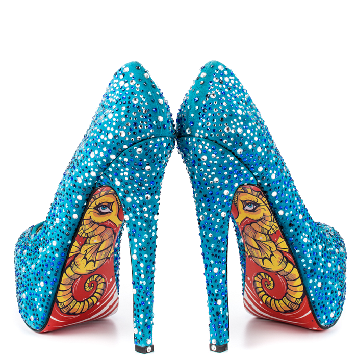 Blue Stiletto Heels Almond Toe Rhinestone Floral Print Platform Pumps |FSJ Shoes