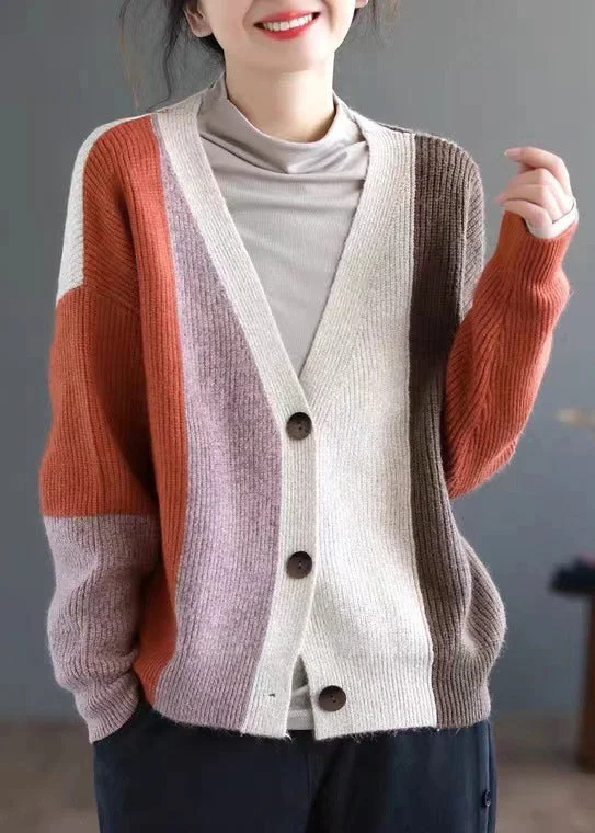 Women Orange Colorblock Button Patchwork Knitting Cardigan Fall