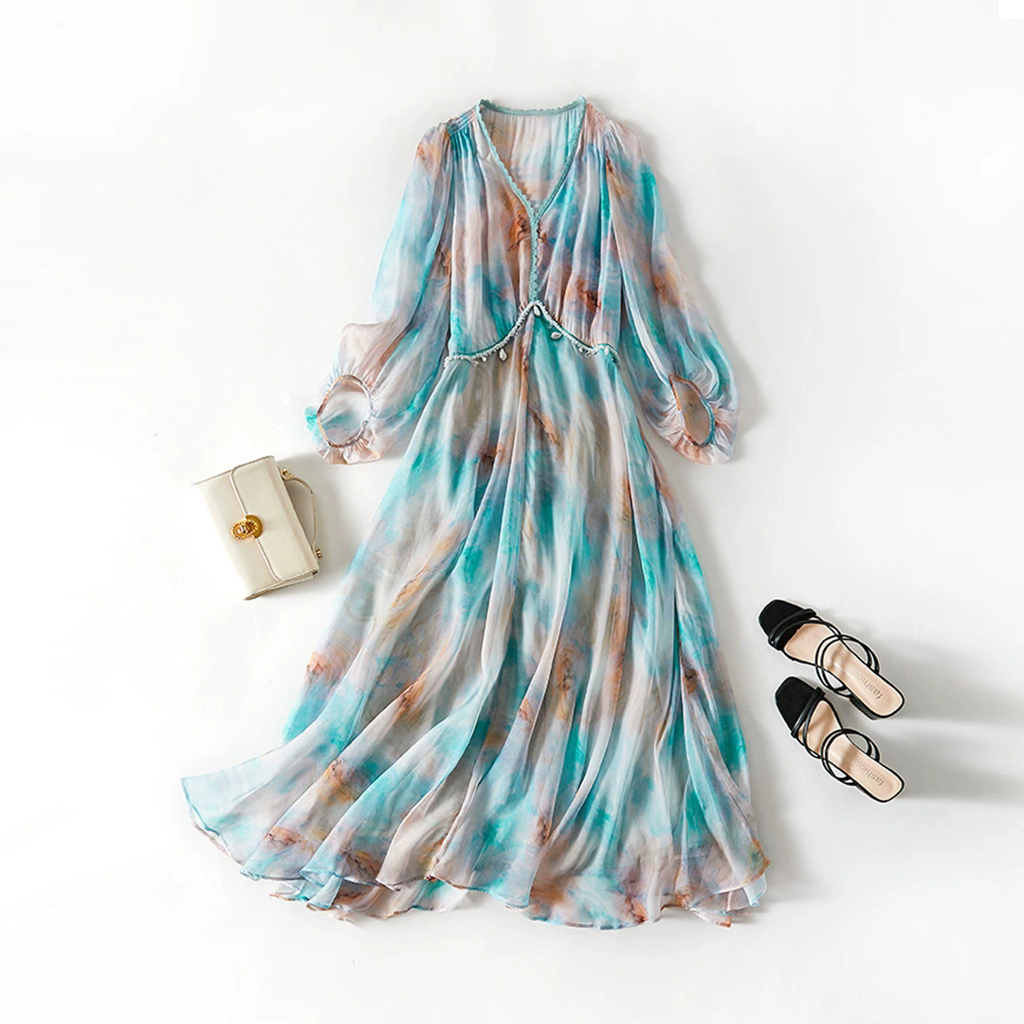 Romantic Silk Dress with Exquisite Seam Decor for Beach Vacation REAL SILK LIFE